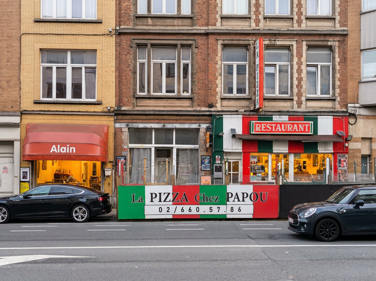 La façade tricolore de La Pizza Chez Papou vue depuis la rue à Oudergem, avec sa terrasse sur la chaussée