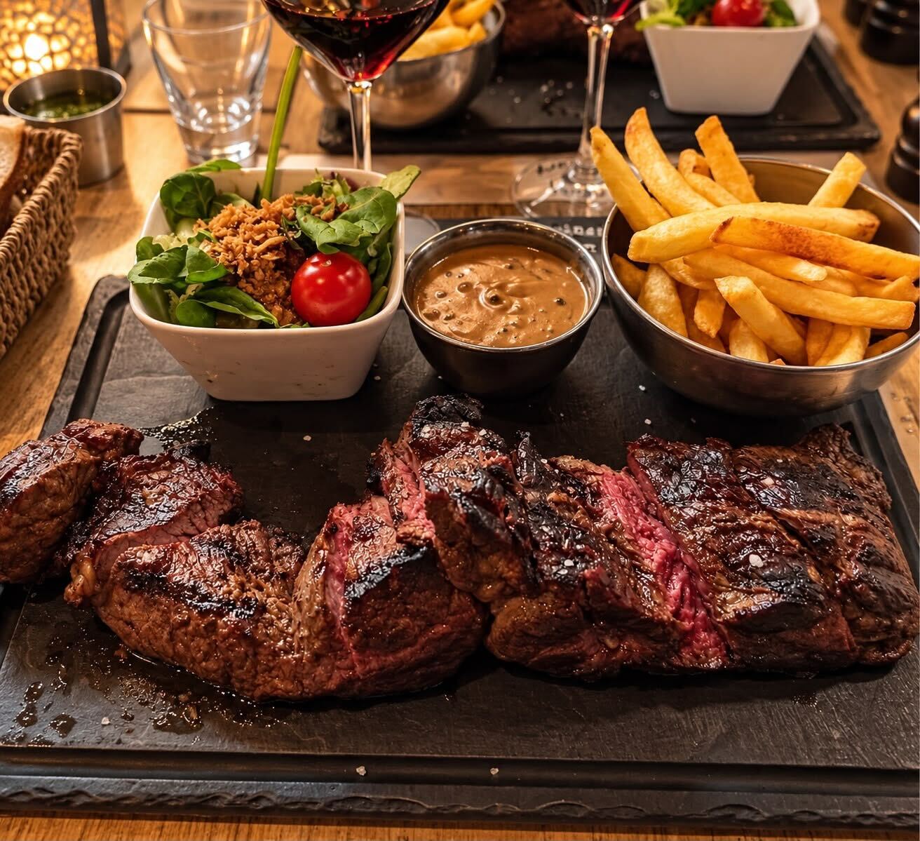 Viande grillée tranchée, frites maison et chimichurri chez Meat Mozart