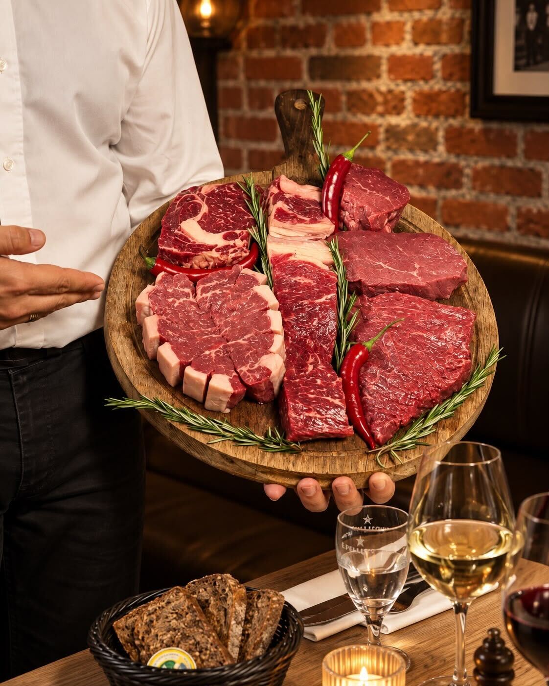 Planche de coupes de bœuf crues présentée en salle chez Meat Mozart