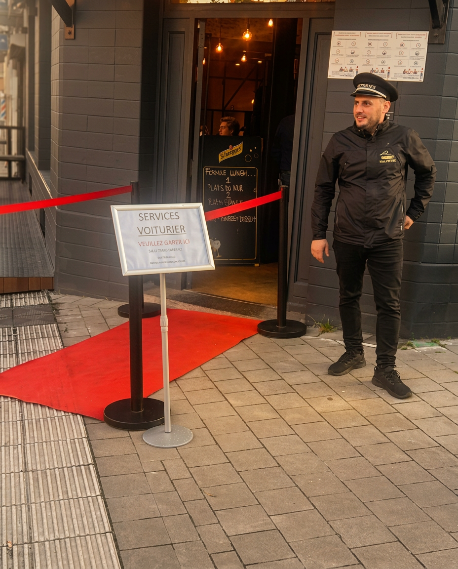 Le voiturier de Meat Mozart devant l'entrée et son tapis rouge