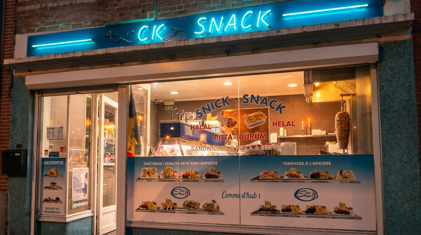 Verlichte gevel van Snick Snack 's nachts, blauw neonuithangbord